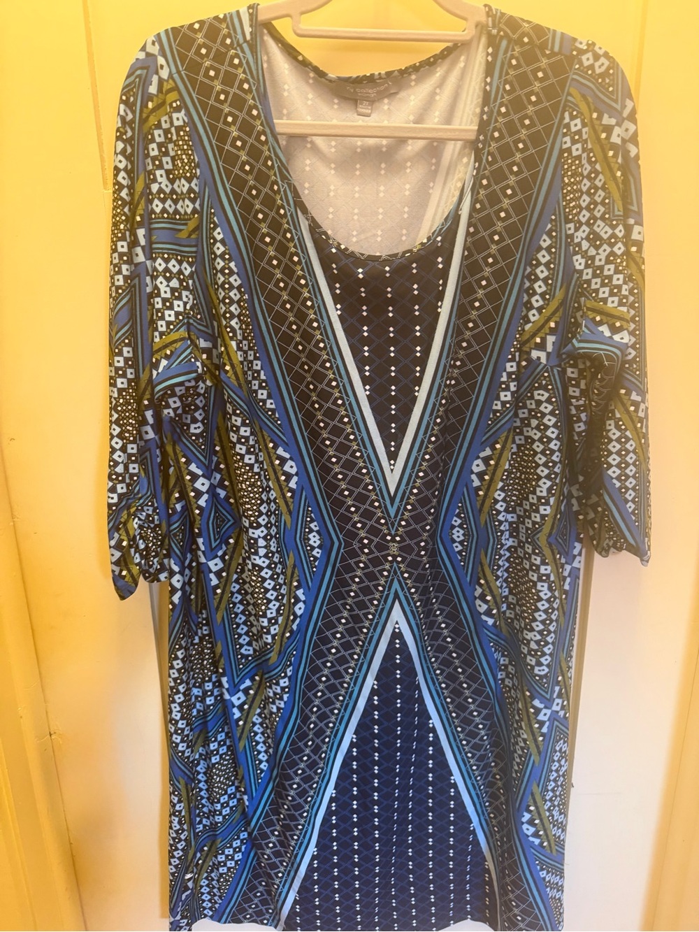 NY Collection Blue Geometric V-Neck Tunic